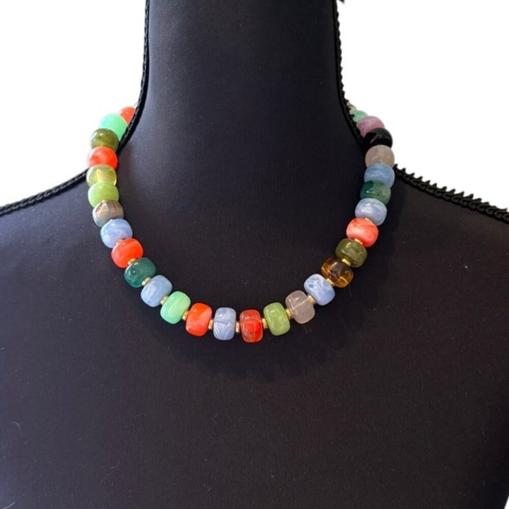 Rainbow Candy Beaded Statement Necklace Colorful Chunky Bead Gold Tone Boutique